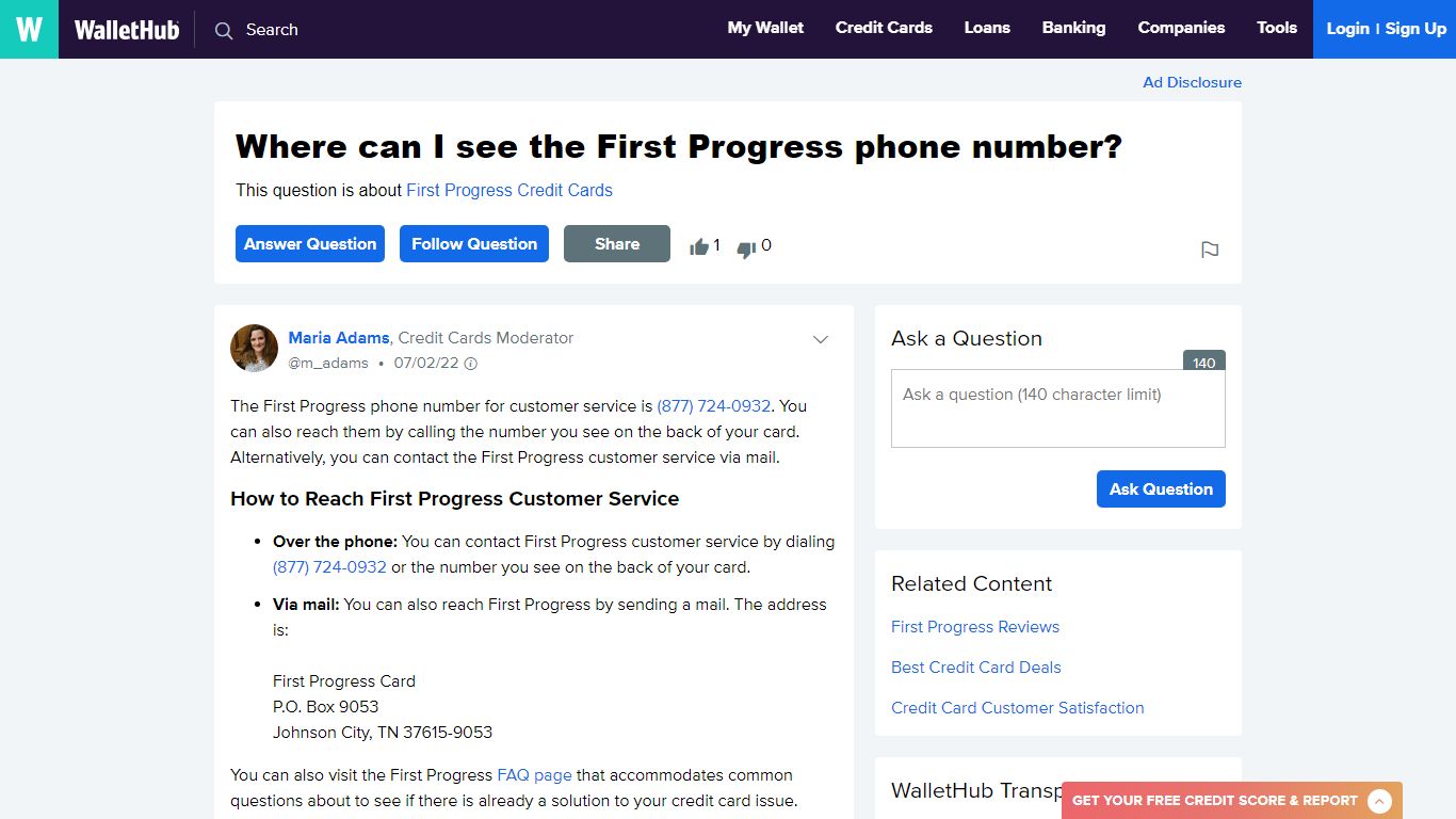 Where can I see the First Progress phone number? - WalletHub