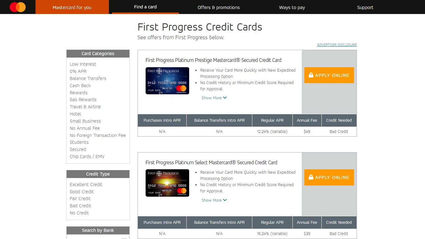 First Progress Mastercard Credit Cards